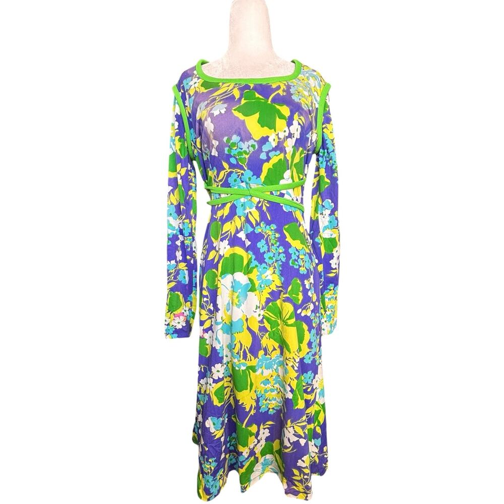 Vintage 70s Floral Midi Dress Psychedelic Mod Bright Blue Green Flower Power